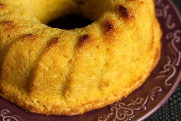 Fluffy yellow cake, corn cake, with golden crust