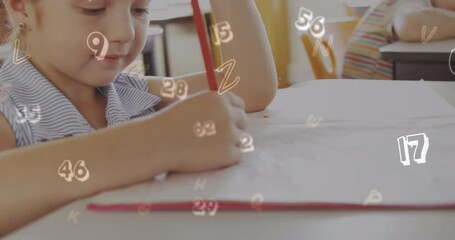 Wall Mural - Animation of numbers over caucasian schoolgirl writing in class