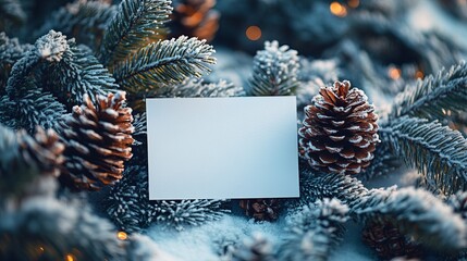 Poster - Winter mockup of a blank greeting card placed on a snow-covered pine branch, with pinecones and frost creating a festive holiday atmosphere. 4K hyperrealistic photo.