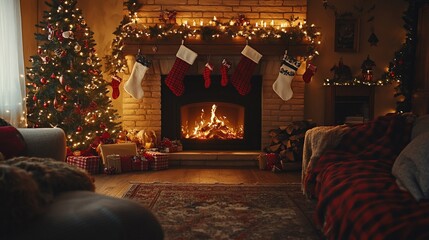 Sticker - Cozy living room with a roaring fireplace, Christmas tree adorned with twinkling lights, stockings hanging, plaid blankets, and soft pillows. 4K hyperrealistic photo.