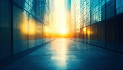 Poster - Sunlit Alleyway Between Modern Glass Buildings