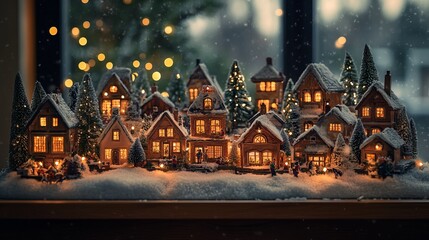 Sticker - Christmas village setup on a mantle with miniature houses, trees, and snow, all lit up with soft lights. 4K hyperrealistic photo.