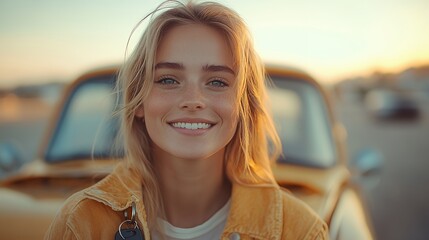 Sticker - Portrait of a beautiful young woman with blonde hair and freckles smiling in front of a yellow car.