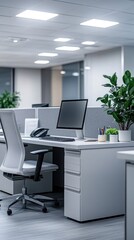 Modern Office Workspace with Desk, Computer, and Plant