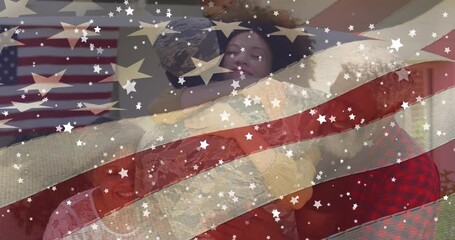 Canvas Print - Animation of flag of usa and stars over african american male soldier with family