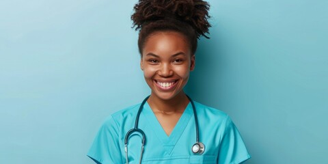 a compassionate nurse in scrubs smiling warmly with a stethoscope around her neck, isolated on a sol