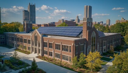 A Modernized Brick Building with a Solar Panel Roof and Surrounding Greenery