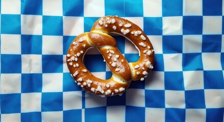 Wall Mural - Freshly baked pretzel topped with coarse salt on a blue checkered surface.