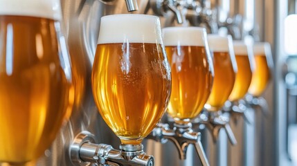 Wall Mural - A row of beer taps with glasses on them lined up, AI