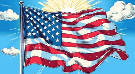 Vibrant illustration of the American flag waving against a bright blue sky.