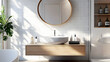 © Daniel - Wall-mounted vanity with white ceramic vessel sink. Interior design of modern scandinavian bathroom. 
