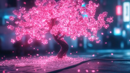 Poster - Pink Sakura Tree in Neon City