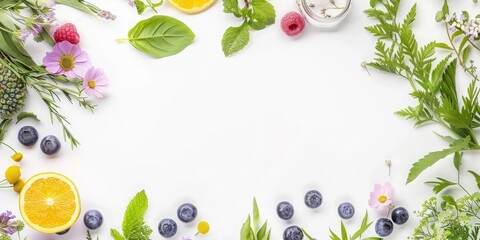 A creative top view illustration of fresh, natural, and organic food ingredients, capturing the essence of healthy nutrition. Ideal for culinary blogs and healthy eating campaigns.