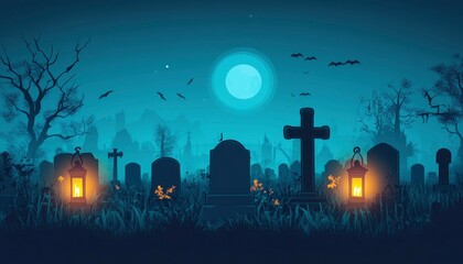 Eerie Graveyard Scene with Tombstones and Lanterns under a Full Moon