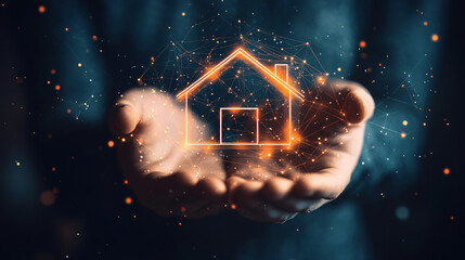 Aufkleber - Businessman holds a glowing house hologram, blending tech and real estate. Vibrant colors pop against a dark backdrop, symbolizing modern business and smart homes