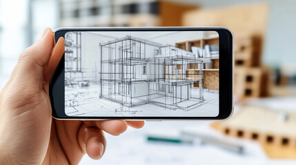 Poster - Architect using technology to display virtual house model on smartphone, highlighting modern architecture practices