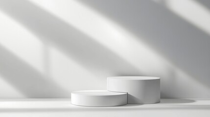 Poster - Simple white display platforms casting shadows on a light gray wall during the afternoon