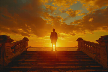 A silhouetted figure stands on steps at sunset, overlooking the water with vibrant orange clouds during the golden hour