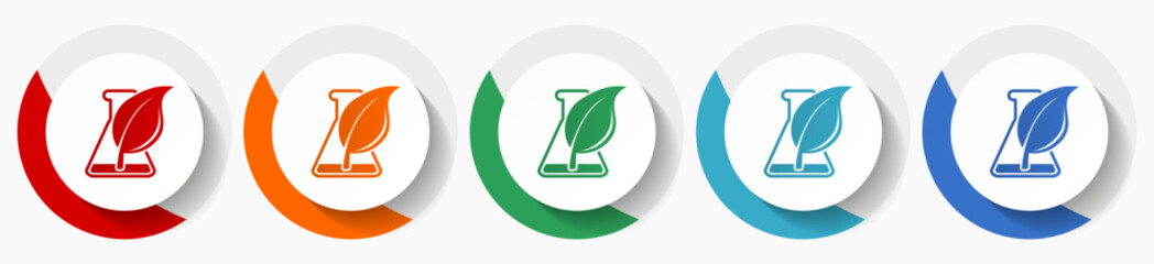 Aufkleber - Laboratory flask with plant vector icon set, flat icons for logo design, webdesign and mobile applications, colorful round buttons