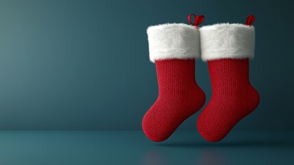 Two red and white Christmas stockings are shown on a blue background. The stockings are standing upright and appear to be floating in the air. The image conveys a festive and joyful mood