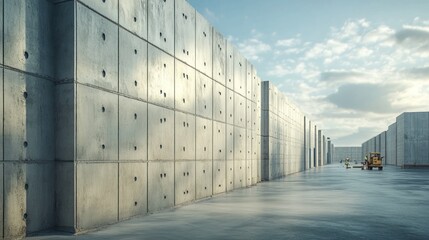 Prefabricated concrete walls being installed on a commercial building site under bright afternoon light.