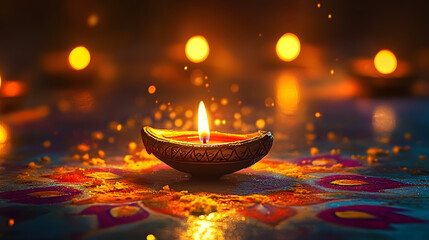 Oil lamps lit on colorful rangoli during diwali celebration, copy-space with generative ai