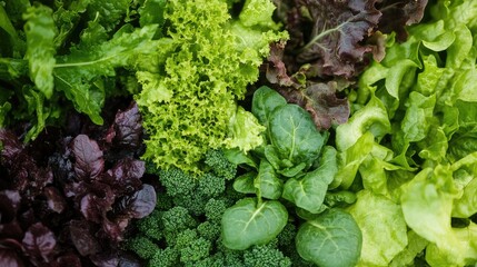 Close-up of a variety of leafy greens growing harmoniously together in a well-maintained organic garden bed, no logos