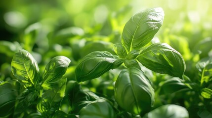 Wall Mural - Close-up of fresh basil leaves, vibrant and aromatic, in a beautiful, well-tended organic vegetable garden, no logos