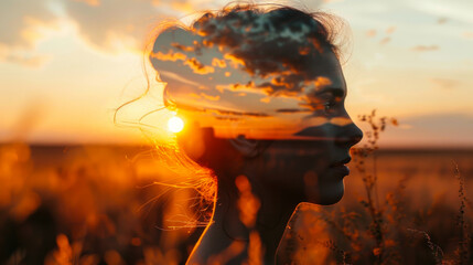 Wall Mural - Double exposure. Portrait of a young woman against the backdrop of a sunset rural landscape. Beauty and nature concept.