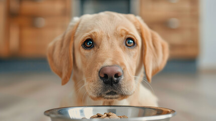 Canvas Print - Woman Putting Food Bowl With Feed For Her Dog