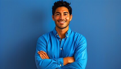 Wall Mural - Confident Hispanic man in blue shirt smiling against a vibrant blue backdrop with arms crossed, showcasing charm and clever wit.