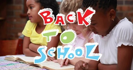 Poster - Animation of back to school text over diverse girls reading books in school