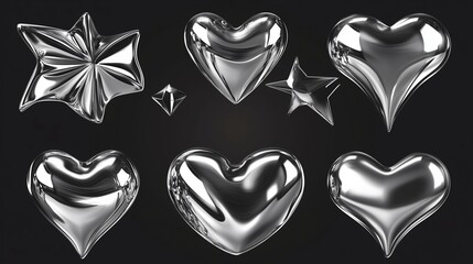 Poster - Stylized metallic hearts and star shapes arranged artistically against a dark backdrop