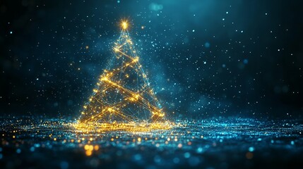 Poster - Abstract Christmas tree made of intersecting lines and triangles, with glowing lights highlighting the geometric form. 4K hyperrealistic photo.