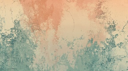 Wall Mural - Aged grunge wall with cracks and scratches in green, orange, peach, and teal tones, perfect for urban or abstract designs with copy space