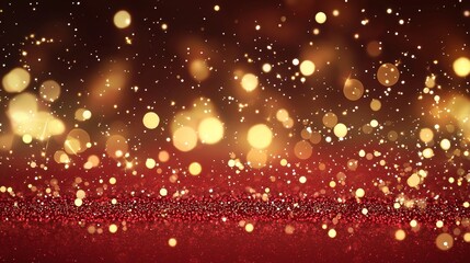 Poster - Golden particles are falling on a red glitter background with a bokeh effect, creating a festive and glamorous atmosphere