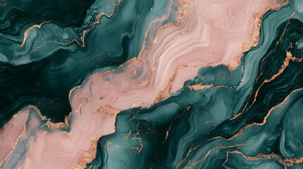 Wall Mural - Fluid art painting with marble effect in green and pink tones, featuring gold splashes. Adds luxury and style to any project