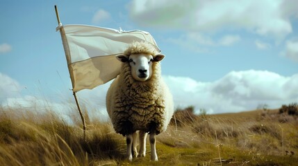 Sheep with White Flag: A fluffy sheep standing in a meadow, holding a white flag with its mouth. 
