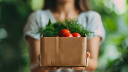 Wall Mural - Woman Volunteer Hands Holding Food Donation Box