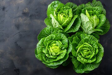 Wall Mural - Fresh Green Cabbage Heads on Dark Textured Background for Healthy Eating and Organic Cooking Design