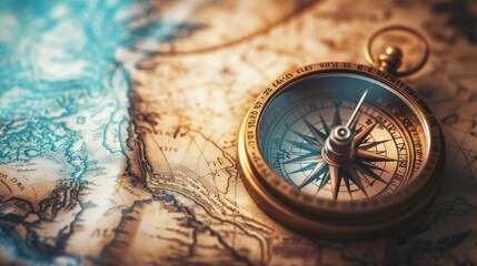 A compass lying on an old map, with soft natural light highlighting the symbols of exploration