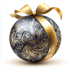 Wall Mural - a beautiful New Year's ball with a gold ribbon and a bow on a white background