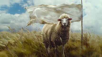 Sheep with White Flag: A fluffy sheep standing in a meadow, holding a white flag with its mouth. 
