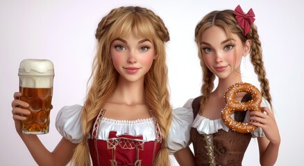 Two young women in traditional Bavarian attire, one holding a beer, the other a pretzel.