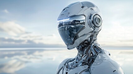 Poster - An image of a reflective, chrome-covered robot standing in a futuristic landscape, with a mirror-like surface reflecting the surroundings,