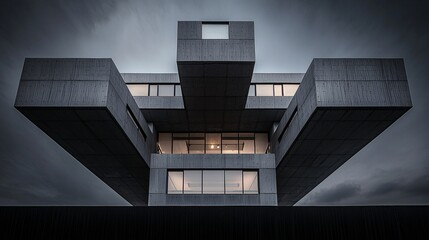 Poster - A photograph of a Neo Brutalist building with sharp, angular lines, set against a dramatic sky,