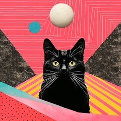 Minimal abstract shape illustration of black cat with celestial moon with pink and white stripes background.