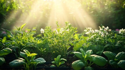 Poster - A serene garden filled with a variety of flowers and botanicals, featuring a soft mist and sunlight filtering through leaves,
