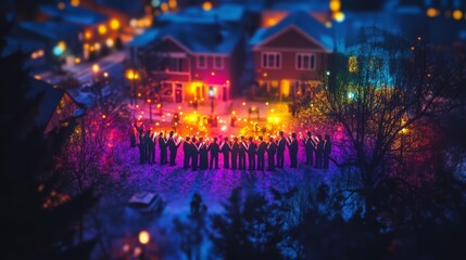 Sticker - Heatmap of a Christmas caroling group, with vibrant colors around the singers and cooler tones in the surrounding neighborhood. 4K hyperrealistic photo.