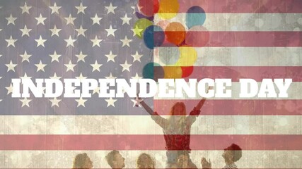 Poster - Animation of independence day text, flag of america, diverse friends with balloons enjoying at beach